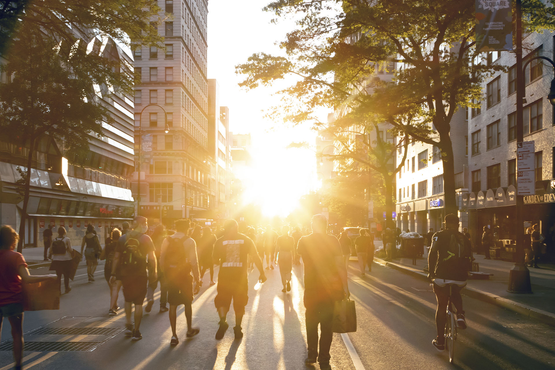 NEW YORK CITY June, 2020: People march into the sunset at a peaceful Black Lives Matter protest on 14th Street near Union Square in Manhattan.